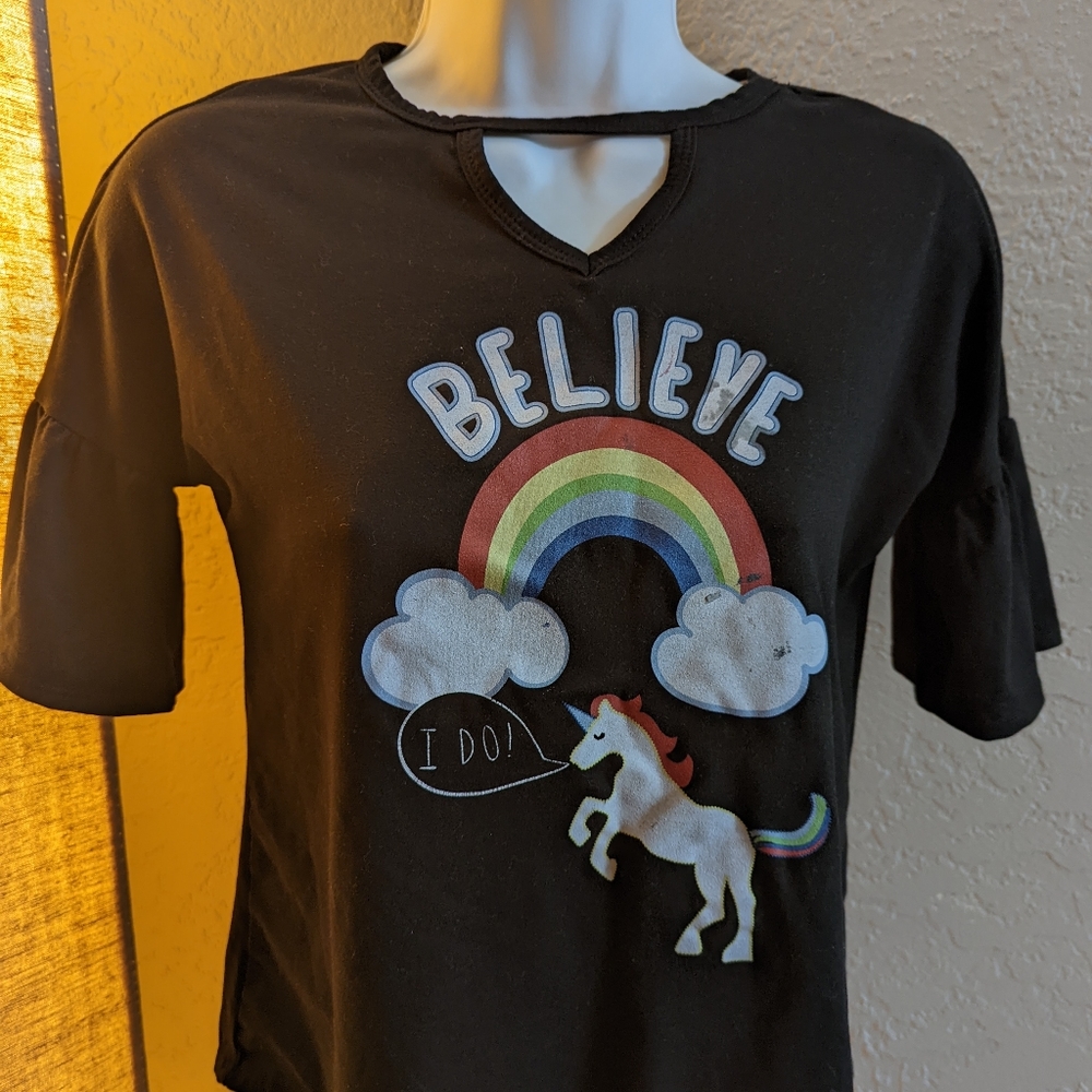 Black Unicorn Rainbow Believe Shirt. Kiddie style
